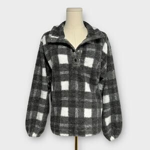 LOFT Sherpa Snap Collar Pullover Gray and White Plaid Size Small NWT